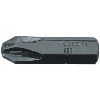 Metal cross-head screwdriver bit with printed inscription 'GEDORE 890', showing two blade ends for screws.