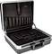 Silver, open briefcase with multiple compartments and pockets, suitable for transporting documents or tools.