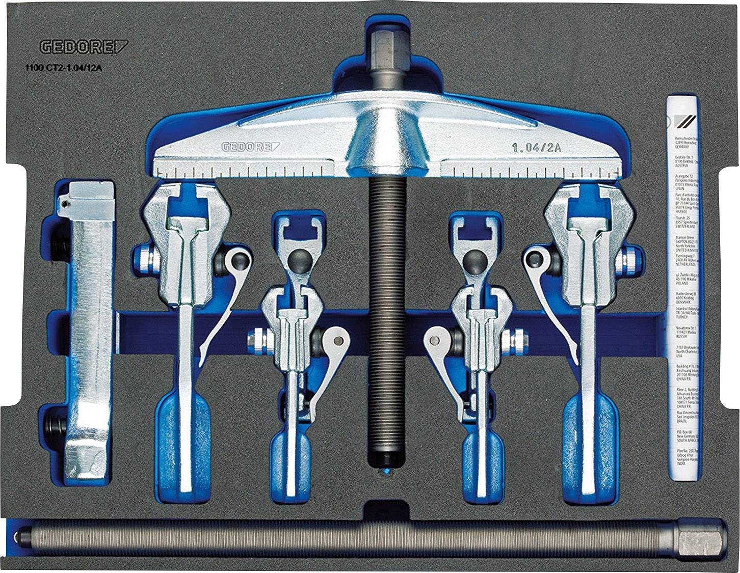A set of pullers in a foam insert with various tool sizes and components, suitable for mechanical work.