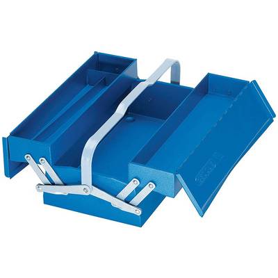 An open, blue metal toolbox with multiple compartments and a carrying handle, demonstrating storage capabilities.
