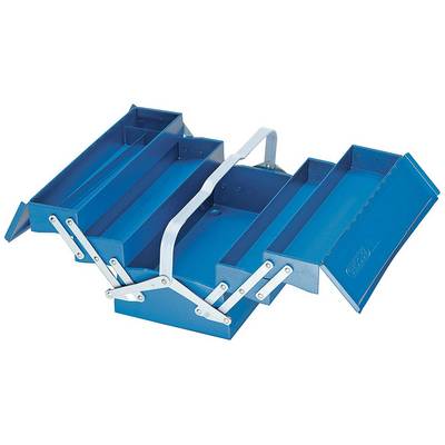An open blue toolbox with multiple compartments used for storing tools or small parts.