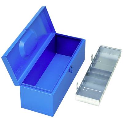 Blue metal toolbox with open lid, next to a removable silver tray with several small compartments.