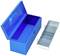 Blue metal toolbox with open lid, next to a removable silver tray with several small compartments.