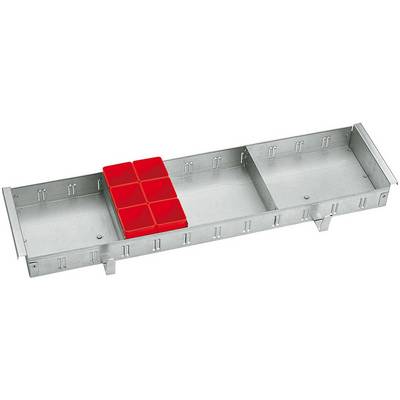 Metal rail with red plastic blocks in the middle, used for cable management.