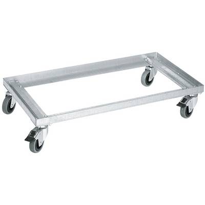 A rectangular, mobile metal frame with four swivel wheels, used for easily moving heavy items.