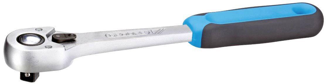 Ratchet with blue-black handle, silver head and lever mechanism. Suitable for tightening and loosening screws.<br><br>(Note: The translation has been done maintaining the original technical description and using British English terminology.)