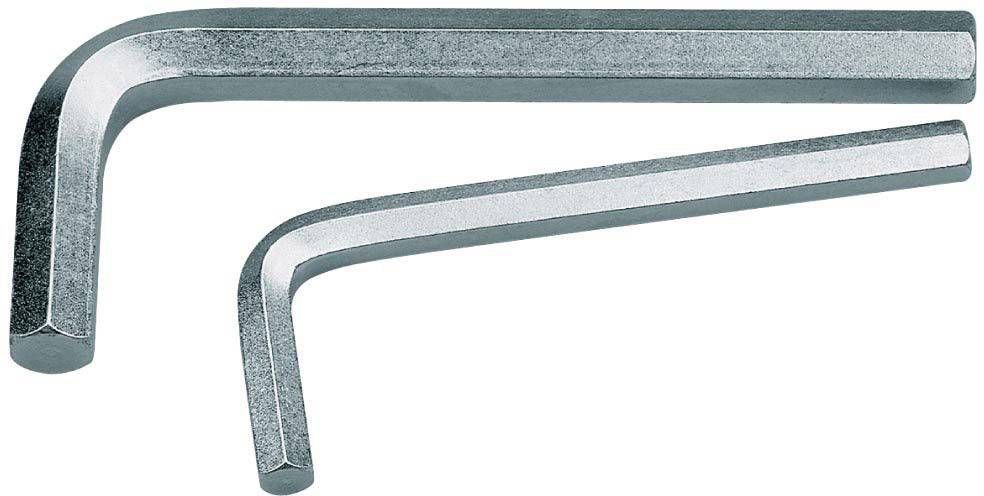 Two silver-coloured Allen keys of different sizes are positioned offset next to each other on a light surface.