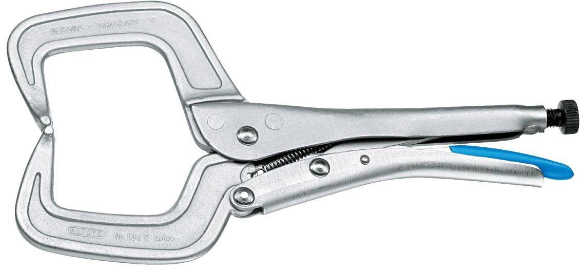 A silver C-shaped metal clamp with a blue handle. It is used for stabilising workpieces during work.