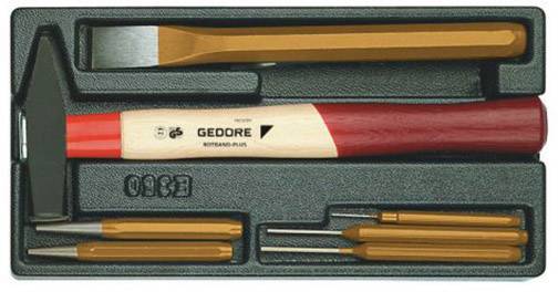 A tool set with a hammer, chisel and pins in a black foam case, suitable for precise craftwork.