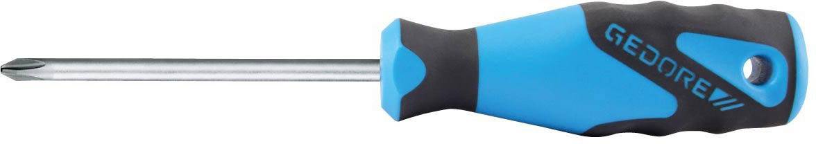 A blue and black Phillips head screwdriver with an ergonomic handle.