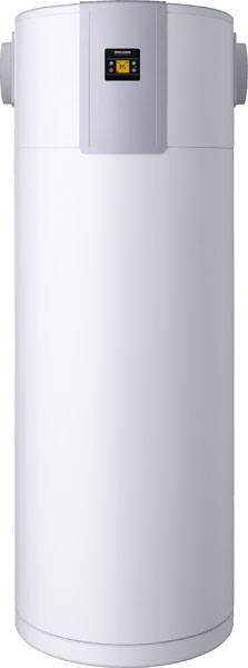 White cylindrical heat pump water heater with digital display, showing temperature and operating status.