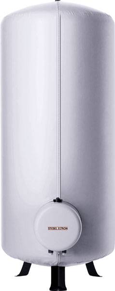 A white, cylindrical water boiler stands upright on a black stand.