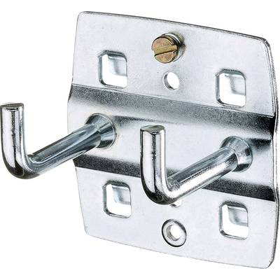 Metal bracket with two hooks on a rectangular base. A screw is located at the top for securing.