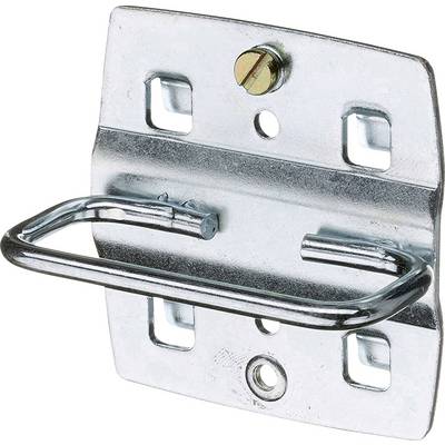 Metal wall mounting bracket with a rectangular plate, screw fixings and a curved support arm for mounting purposes on flat surfaces.