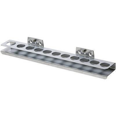 Metal rail with holes and mounting brackets at both ends, likely used for supporting pipes or cables on walls.