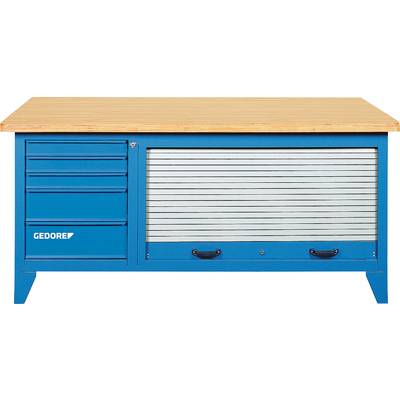 Blue workshop table with wooden top, four drawers on the left and a sliding lock on the right.