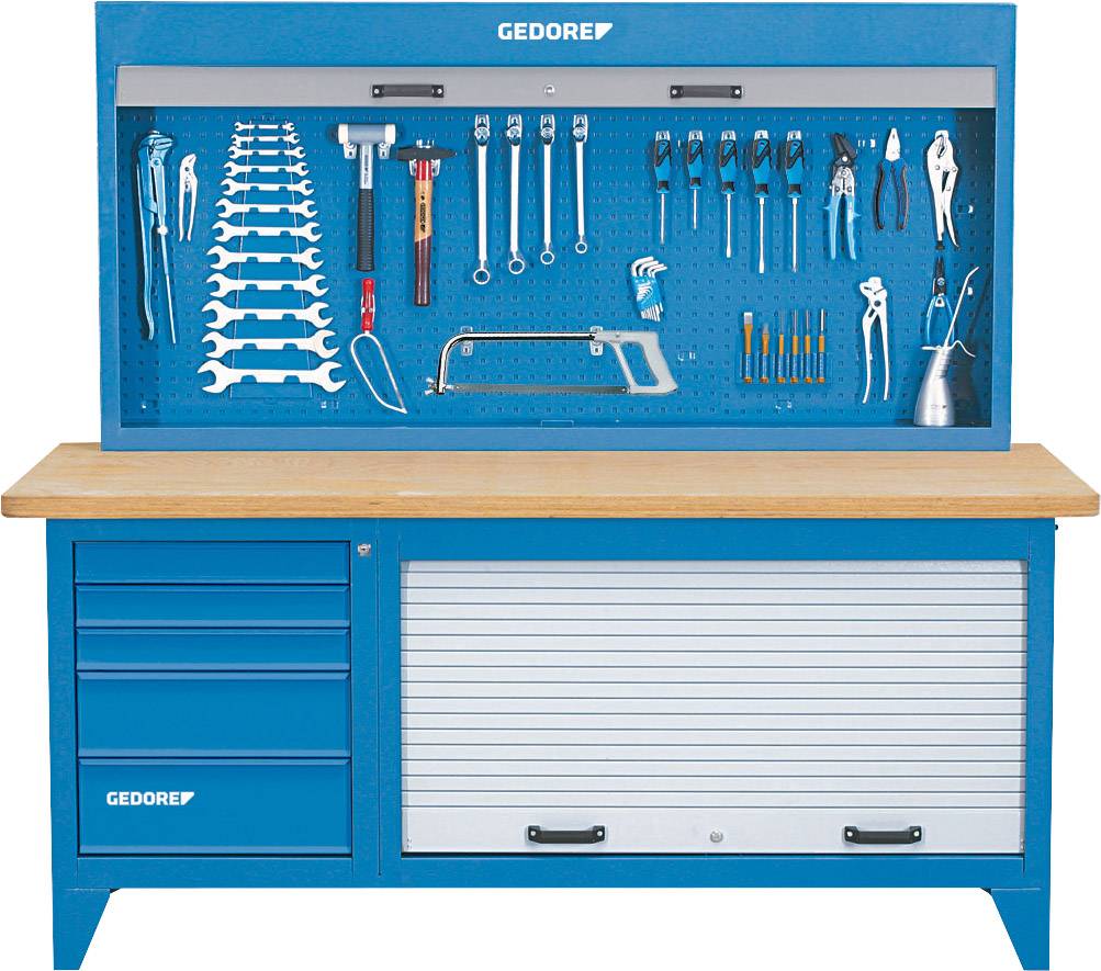 'Tool wall with spanners, screwdrivers and pliers above a blue workbench with a wooden top and drawers.'