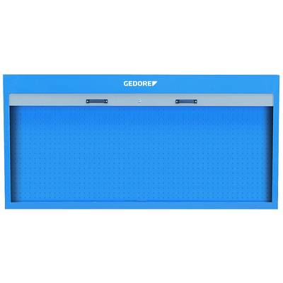 Blue metal tool wall by Gedore with perforated pattern for tool hanging.