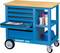 A blue workshop trolley with four drawers and an open compartment containing spray cans and a helmet. One drawer is open, revealing tools.