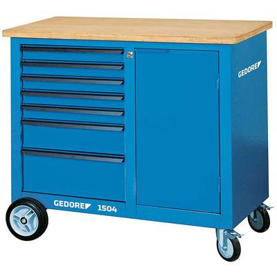Blue workshop trolley with wooden worktop, six drawers and one door. Two large wheels on the left and two swivel castors on the right.