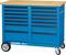 Blue tool cabinet with eight drawers and wooden top, mounted on wheels.