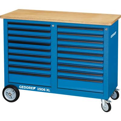 A blue tool trolley with multiple drawers, two wheels, and a wooden surface. Labelled 'GEDORE 1506 XL'.