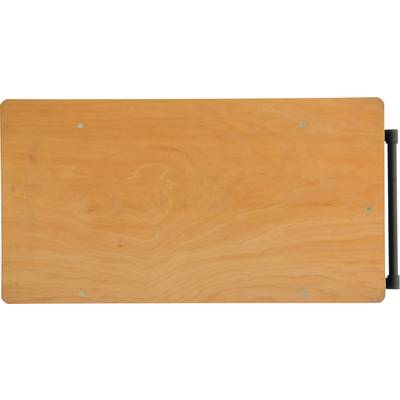 Brown wooden table with a rectangular shape and a black handle on the right side.