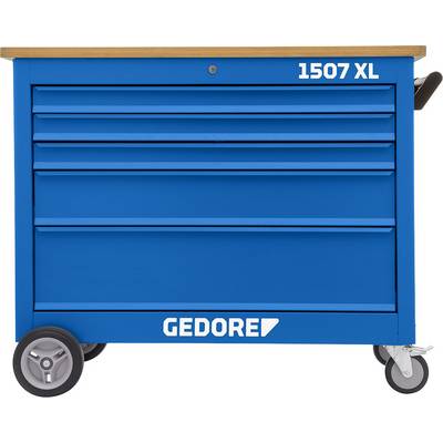 Blue workshop trolley with the inscription '1507 XL' and 'GEDORE', fitted with multiple drawers and wheels for mobility.