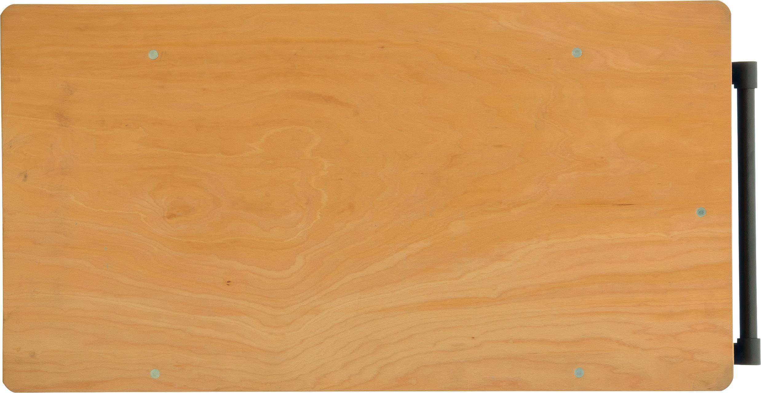 A rectangular, light wooden board with rounded corners and a black handle on the right-hand side.