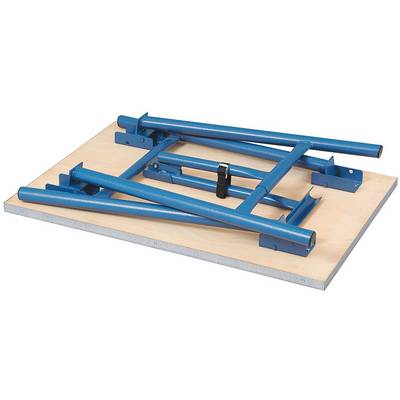 A blue, foldable metal frame lies flat on a wooden surface, ready to be assembled as a table or bench structure.