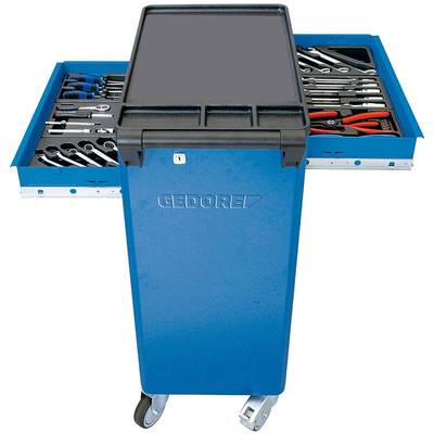 Blue workshop trolley with open drawers, filled with various tools such as spanners and pliers.