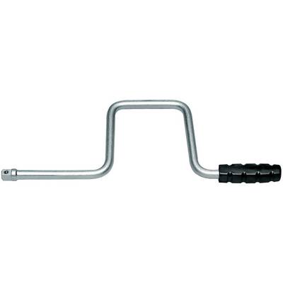 Crank with a rectangular, angled handle and a black, ribbed handgrip, used for turning tools or machines.