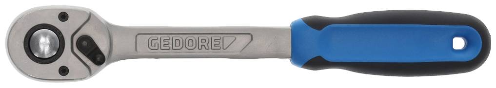 A silver ratchet with a blue ergonomic handle bearing the 'Gedore' logo.