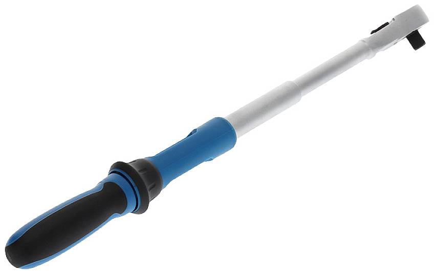 Torque wrench with blue handle, silver lever, and adjuster at the head. Tool for precise tightening control of screws.