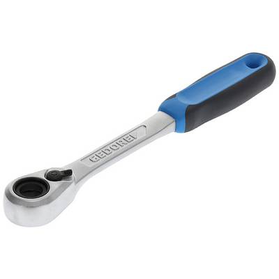 Ratchet with a blue-black handle, silver head and lever mechanism, used for tightening or loosening nuts and bolts.