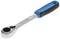 Ratchet with a blue-black handle, silver head and lever mechanism, used for tightening or loosening nuts and bolts.