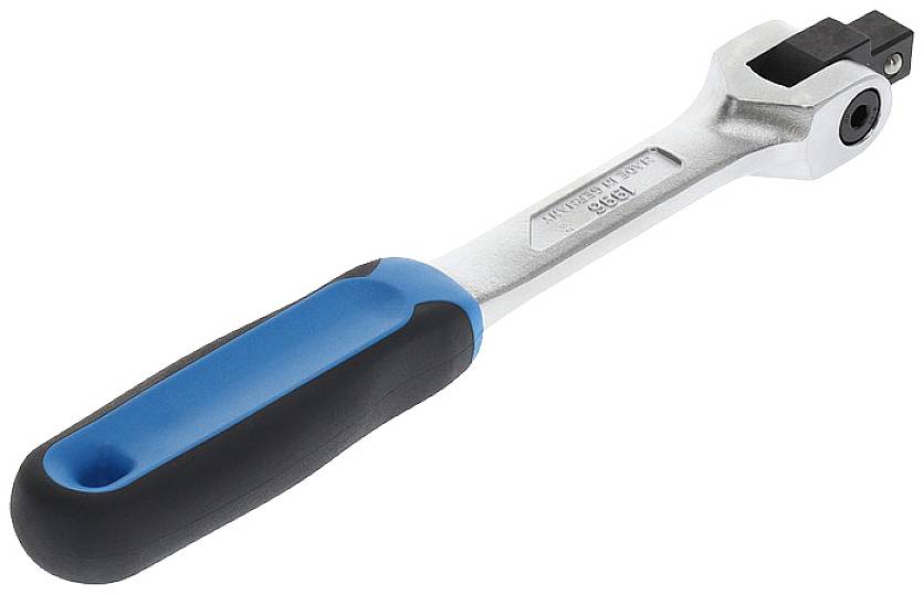 A silver spanner with a black and blue handle against a white background.