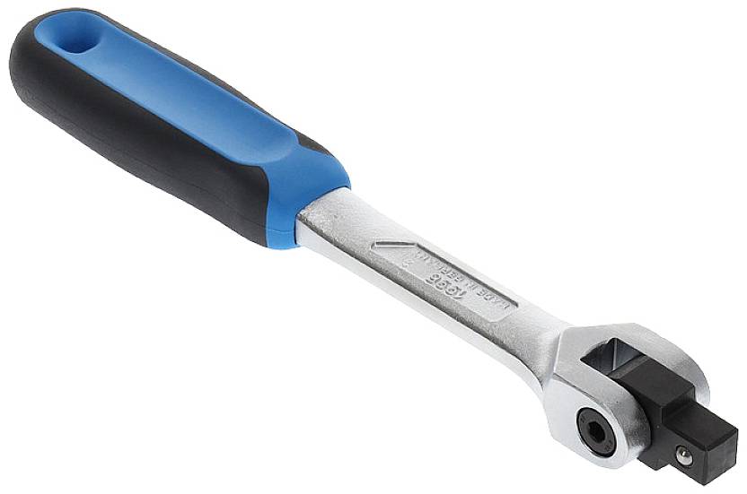 Hand ratchet with blue-black handle, rotating square drive and metal body for mechanical work.
