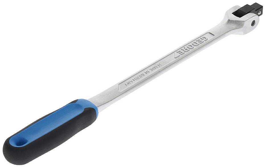 An adjustable spanner with a long handle and blue-black rubber grip. Suitable for loosening or tightening threaded connections.