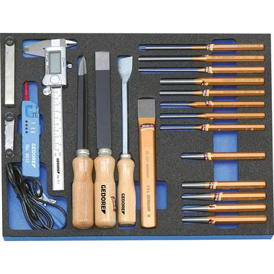 'Toolbox with digital vernier caliper, various chisels and punches, all carefully arranged in foam inserts.'