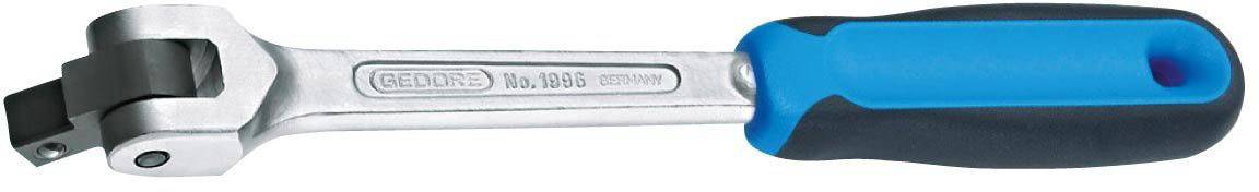 A spanner with a blue-black ergonomic handle and a rotating head, suitable for hard-to-reach screws.