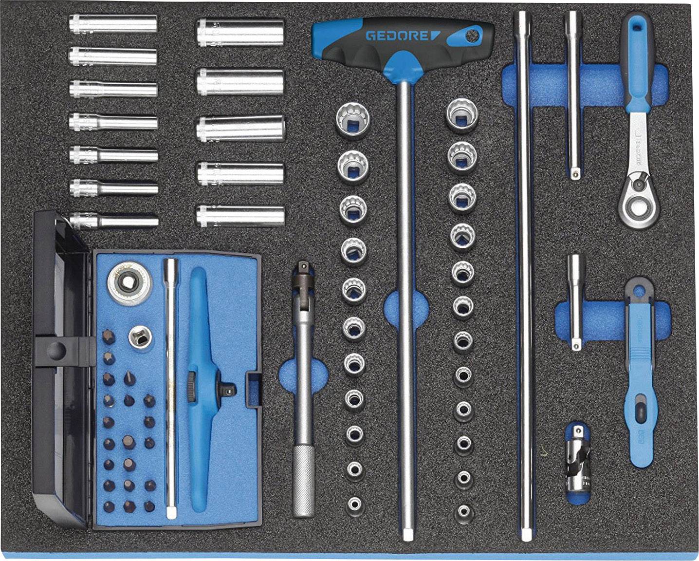 'Set of various tools, including screwdrivers, socket wrenches and bits, neatly arranged in a foam insert.'