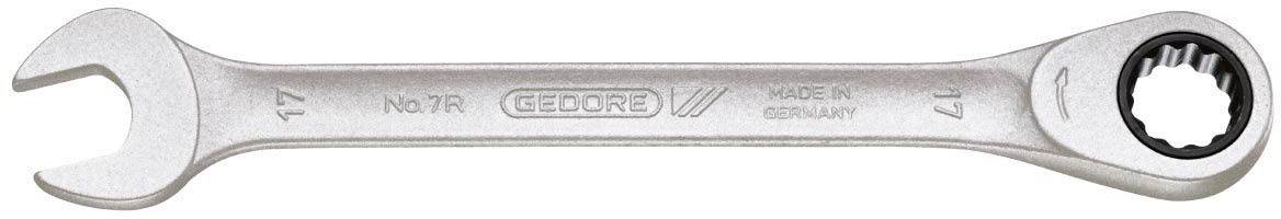 A silver spanner with open-end and ring spanner sides, marked with 'GEDORE', 'Germany', and size '17'.