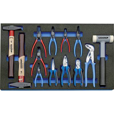 A tool set with hammers, pliers and a soft-faced hammer, neatly arranged in a foam insert, ideal for repair work.