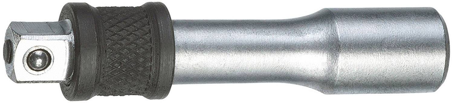 Metal extension for a socket wrench with a knurled handle and square drive for attaching a socket.