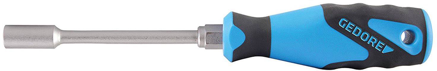 Screwdriver with blue-black ergonomic handle and metallic hexagonal head. 'Gedore' brand visible on the handle.