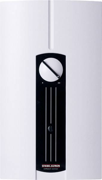 A white electric instantaneous water heater with a black control panel and temperature regulator in the upper section.