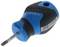 Handy screwdriver with a short, blue-black handle and a flat tip, suitable for precision work.