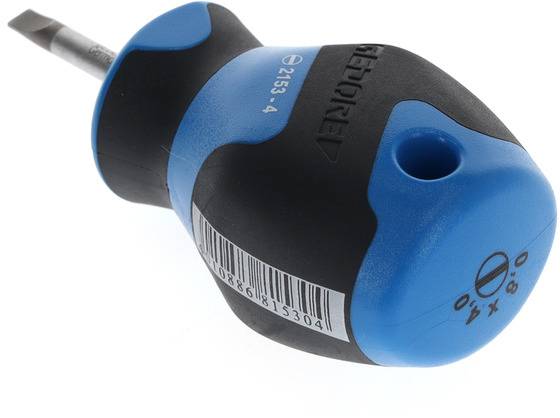 Blue and black screwdriver with a barcode on the handle. Used for tightening or loosening screws.
