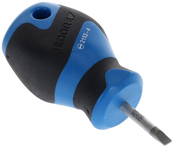 A blue and black screwdriver with a short handle. Markings show manufacturer 'GEDORE' and model number '2153-4'.